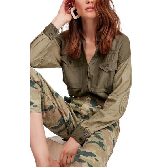 Free People DAY DRIFTER Utility Cargo Button Down Shirt Top Green M NWOT $128 - Picture 5 of 11